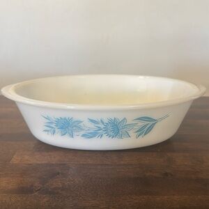 Glasbake oval milk glass casserole dish aqua daffodil flower pattern